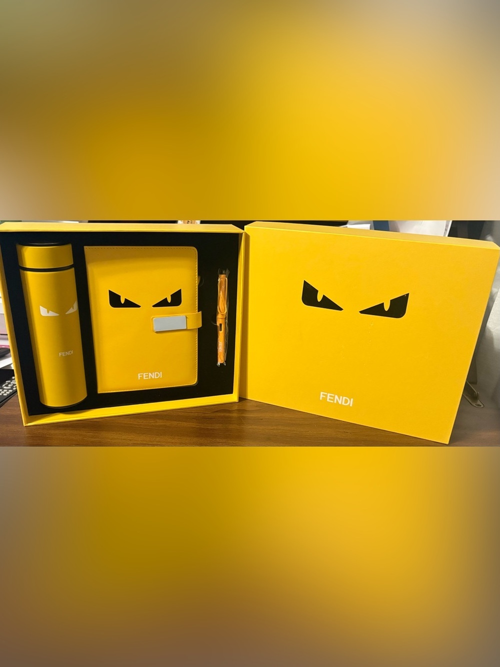 NIB Authentic Fendi Yellow Monster Eye VIP Gift Set- Notebook Tumbler Pen - Picture 2 of 7